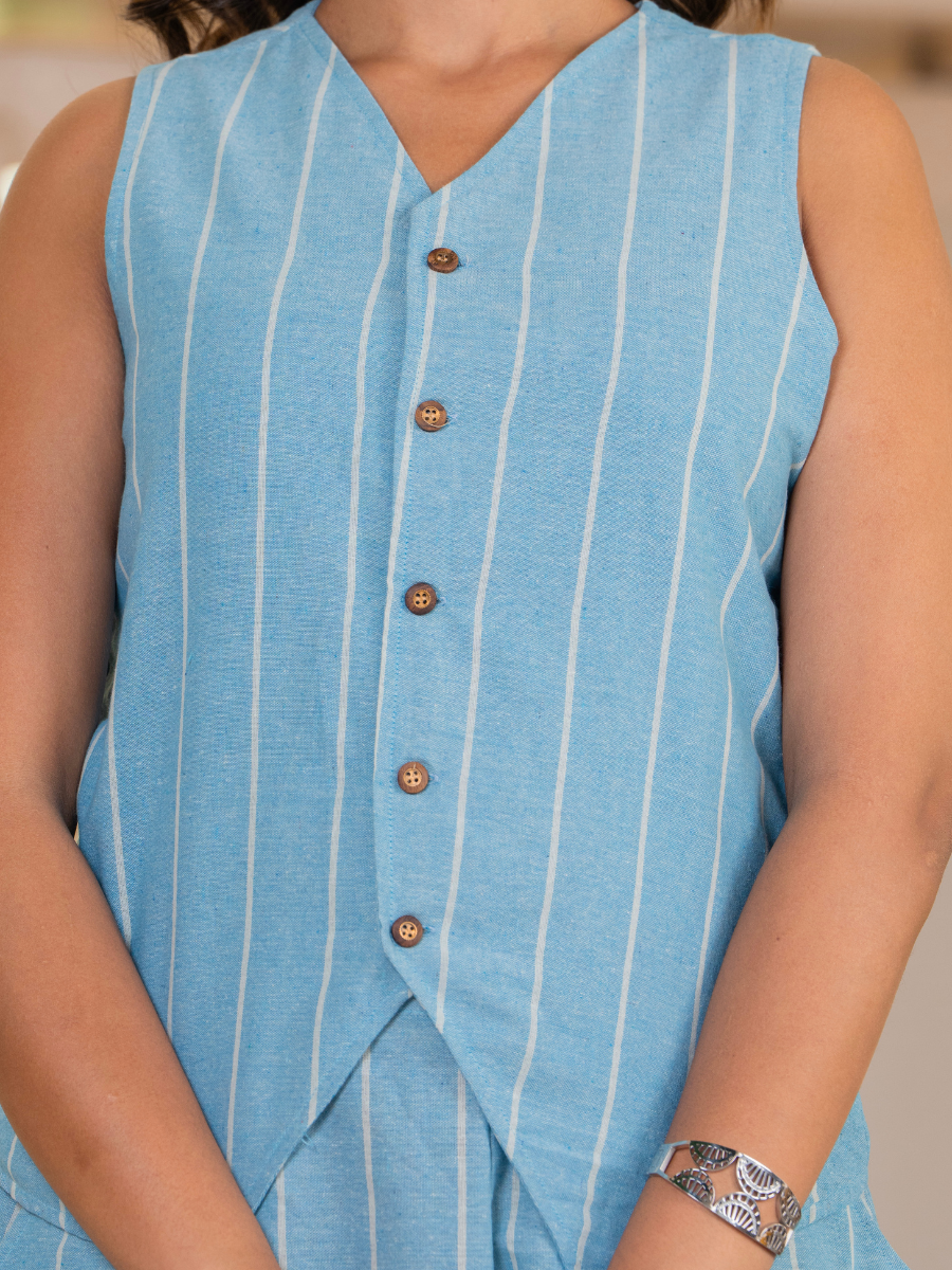 Azure Calm Striped Co-ord Set in Linen Cotton – Sleeveless Top & Pants for Women